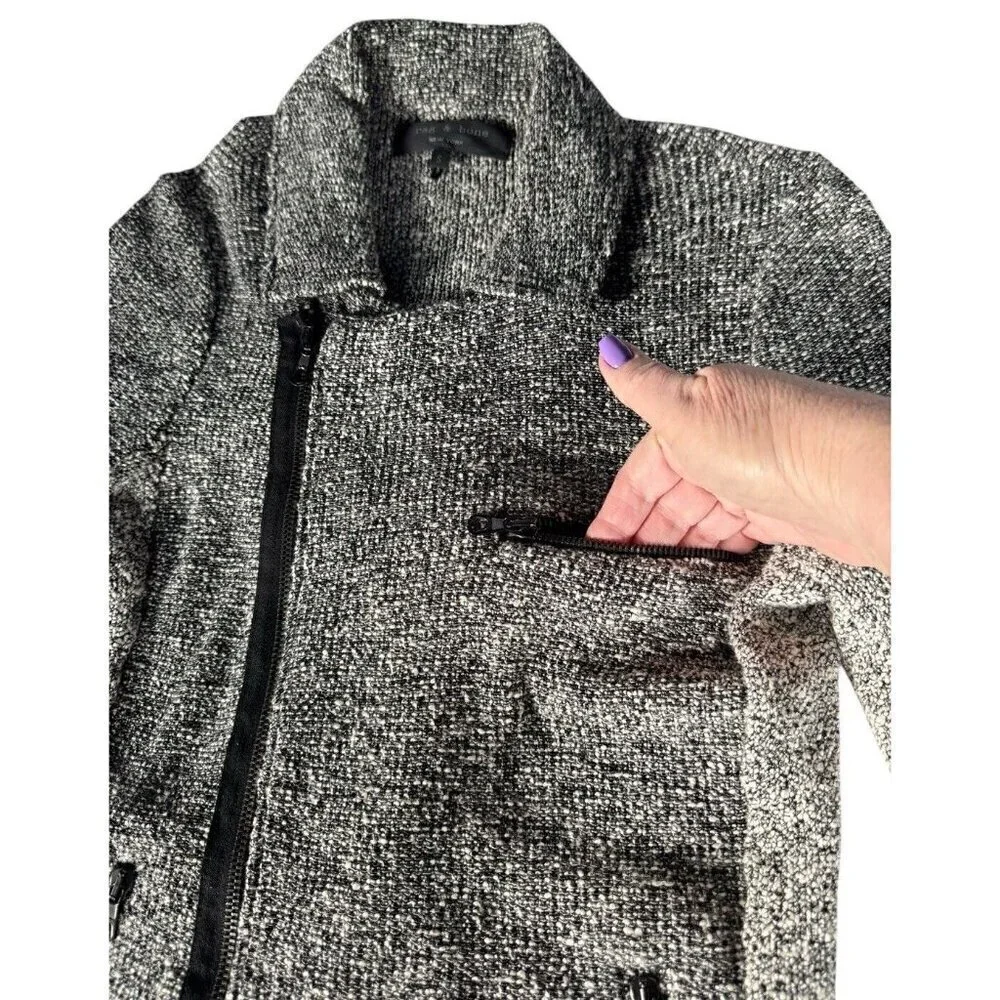 Rag & Bone Hart Tweed Biker Moto Black White Asymmetric Zip Knit Pockets S